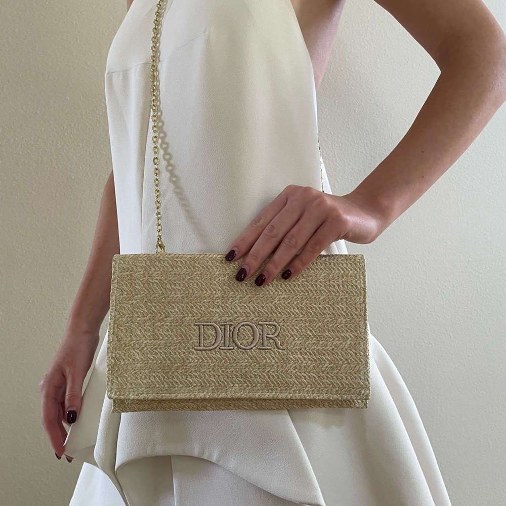 DIOR Tan Beige Woven Chain Bag raffia gold chain purse wristlet clutch LOGO - Picture 9 of 10